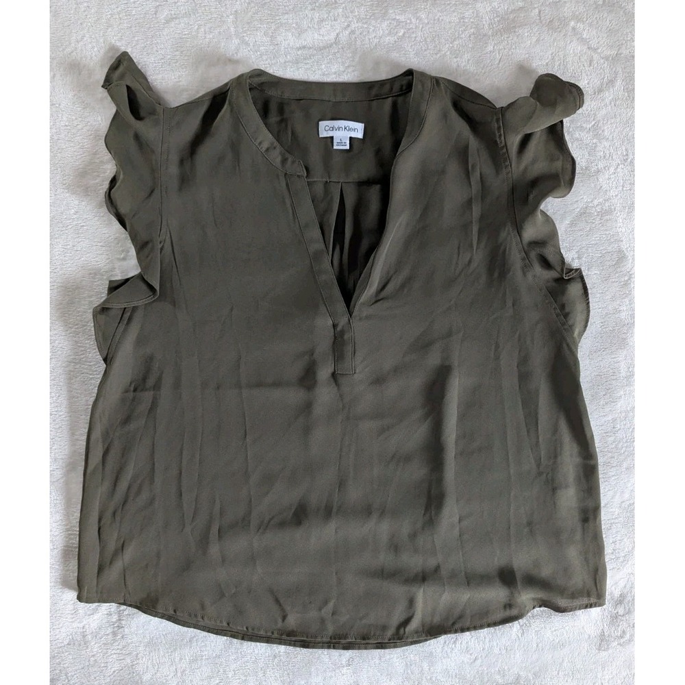 Calvin Klein Blouse Olive Green Ruffle Sleeve Split Neck Sz L Chic Minimalist